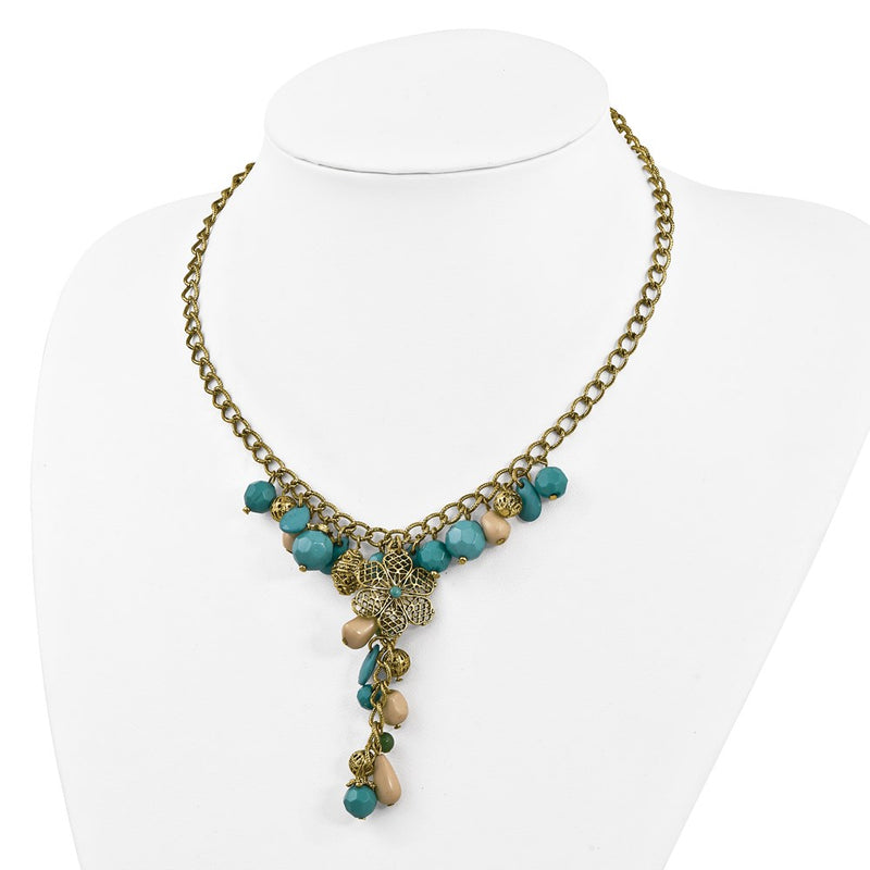 Fashion 1928 Jewelry Gold-Tone Link Filigree Floral Pattern Bead And Teal Green Cream Acrylic Beads Cluster 16 Inch Y Necklace With 3 Extenson