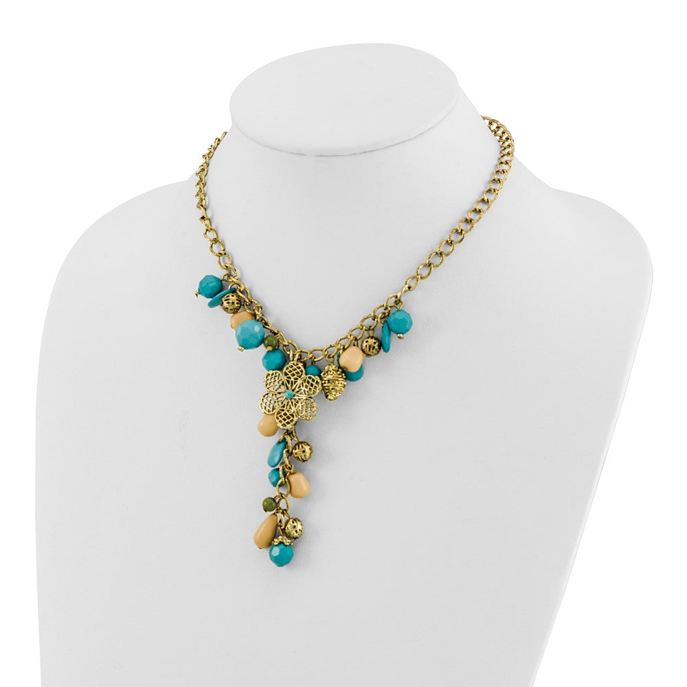 Fashion 1928 Jewelry Gold-Tone Link Filigree Floral Pattern Bead And Teal Green Cream Acrylic Beads Cluster 16 Inch Y Necklace With 3 Extenson