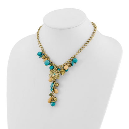 Fashion 1928 Jewelry Gold-Tone Link Filigree Floral Pattern Bead And Teal Green Cream Acrylic Beads Cluster 16 Inch Y Necklace With 3 Extenson