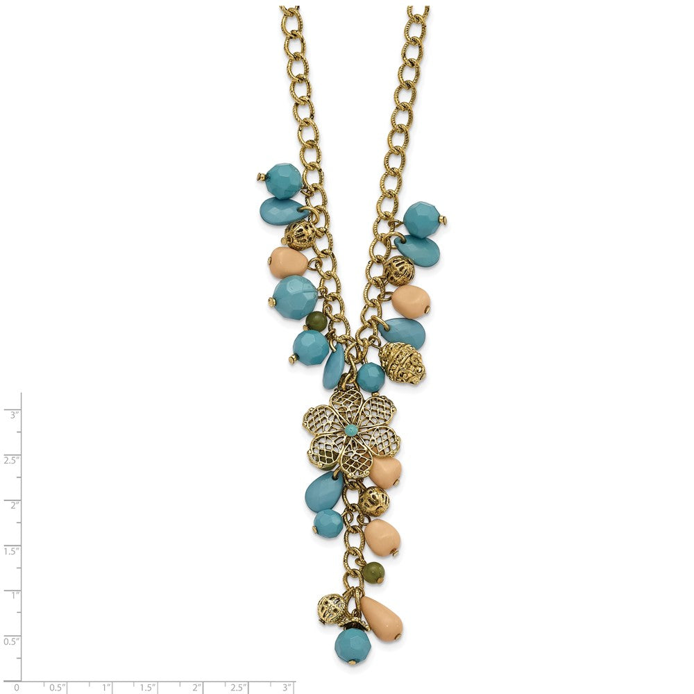 Fashion 1928 Jewelry Gold-Tone Link Filigree Floral Pattern Bead And Teal Green Cream Acrylic Beads Cluster 16 Inch Y Necklace With 3 Extenson