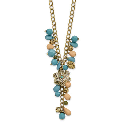 Fashion 1928 Jewelry Gold-Tone Link Filigree Floral Pattern Bead And Teal Green Cream Acrylic Beads Cluster 16 Inch Y Necklace With 3 Extenson