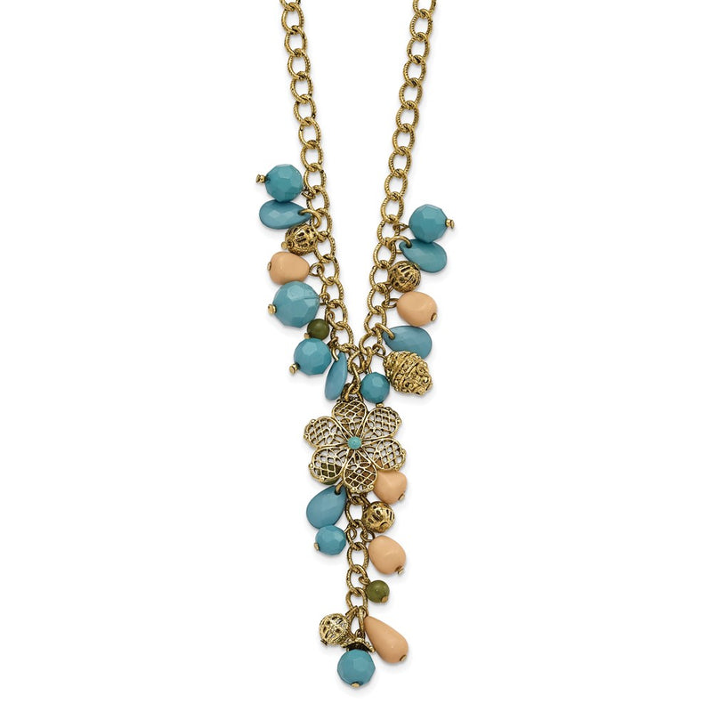 Fashion 1928 Jewelry Gold-Tone Link Filigree Floral Pattern Bead And Teal Green Cream Acrylic Beads Cluster 16 Inch Y Necklace With 3 Extenson