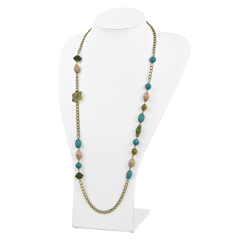 Fashion 1928 Jewelry Gold-Tone Link Filigree Floral And Pattern Bead With Teal Green Cream Acrylic Beads 38 Inch Necklace