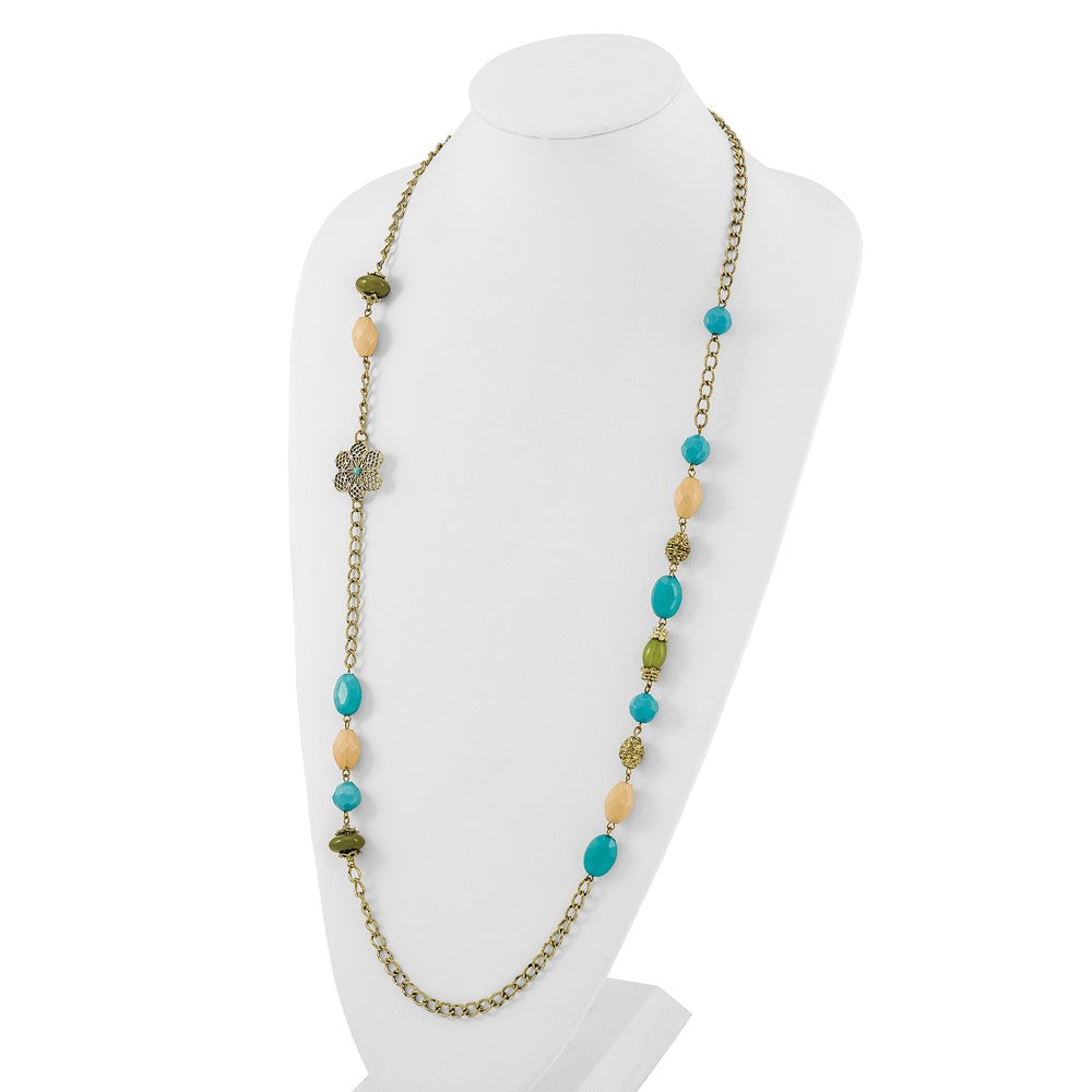 Fashion 1928 Jewelry Gold-Tone Link Filigree Floral And Pattern Bead With Teal Green Cream Acrylic Beads 38 Inch Necklace