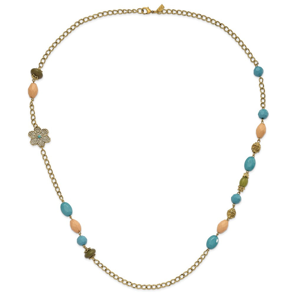 Fashion 1928 Jewelry Gold-Tone Link Filigree Floral And Pattern Bead With Teal Green Cream Acrylic Beads 38 Inch Necklace