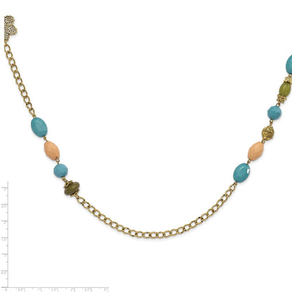 Fashion 1928 Jewelry Gold-Tone Link Filigree Floral And Pattern Bead With Teal Green Cream Acrylic Beads 38 Inch Necklace