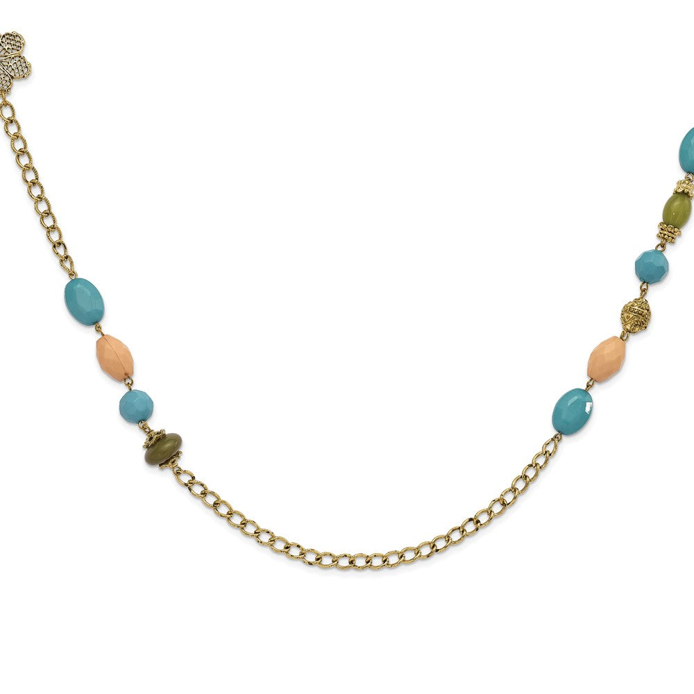 Fashion 1928 Jewelry Gold-Tone Link Filigree Floral And Pattern Bead With Teal Green Cream Acrylic Beads 38 Inch Necklace