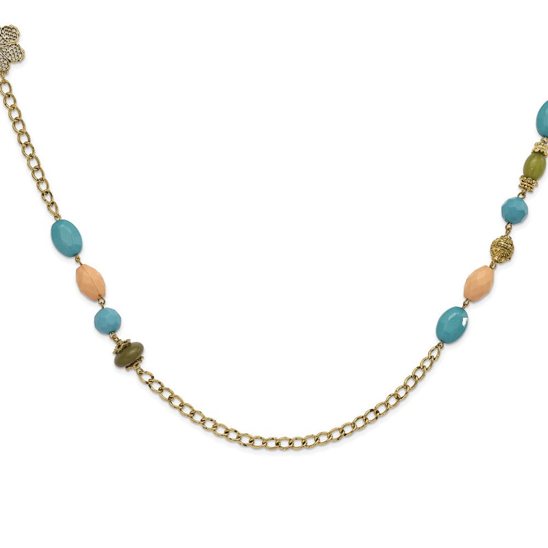 Fashion 1928 Jewelry Gold-Tone Link Filigree Floral And Pattern Bead With Teal Green Cream Acrylic Beads 38 Inch Necklace