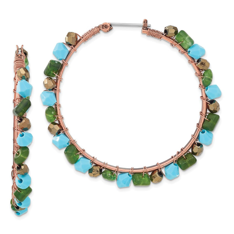 Fashion 1928 Jewelry Copper-Tone Green Teal And Brown Faceted Acrylic Bead Hoop Earrings