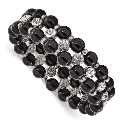 Fashion 1928 Jewelry Silver-Tone And Black Beads With Clear Glass Stones Stretch Bracelet