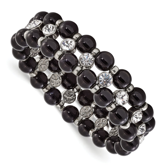 Fashion 1928 Jewelry Silver-Tone And Black Beads With Clear Glass Stones Stretch Bracelet
