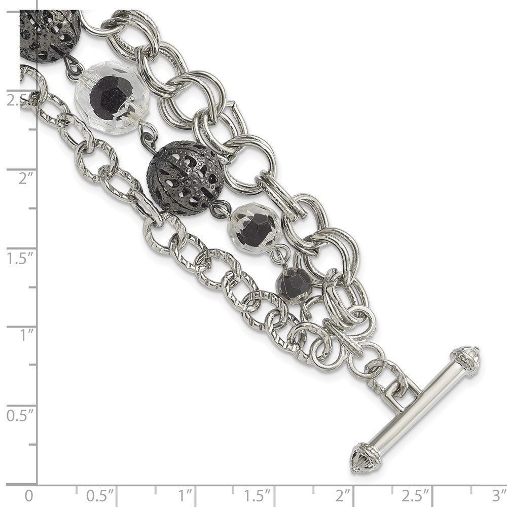 Fashion 1928 Jewelry Silver-Tone Link Black-Plated Textured Bead Clear And Black Glass Acrylic Beads Three Row 7 Inch Toggle Bracelet