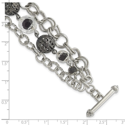 Fashion 1928 Jewelry Silver-Tone Link Black-Plated Textured Bead Clear And Black Glass Acrylic Beads Three Row 7 Inch Toggle Bracelet