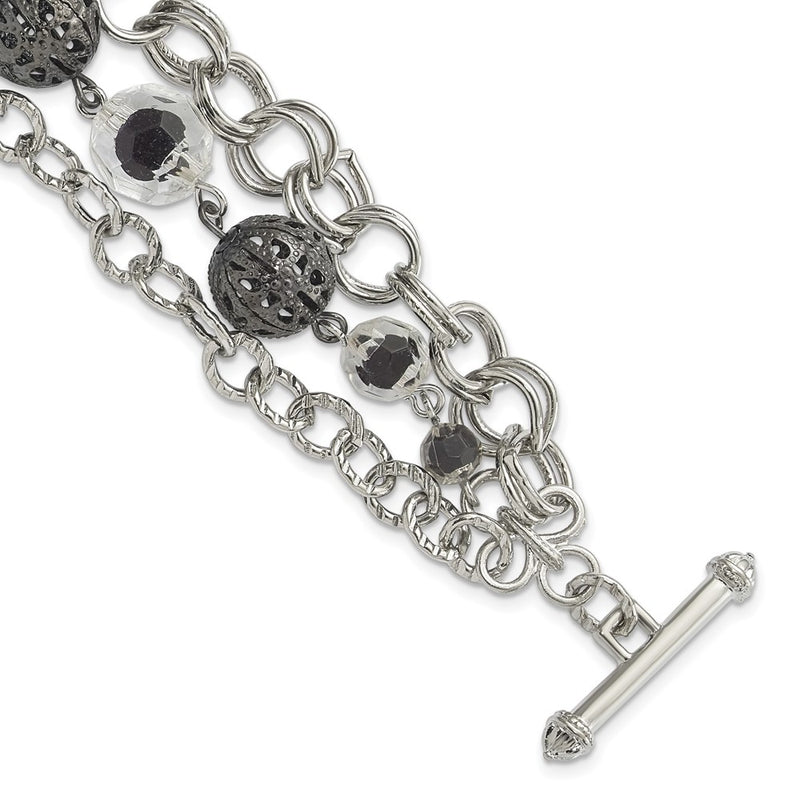 Fashion 1928 Jewelry Silver-Tone Link Black-Plated Textured Bead Clear And Black Glass Acrylic Beads Three Row 7 Inch Toggle Bracelet