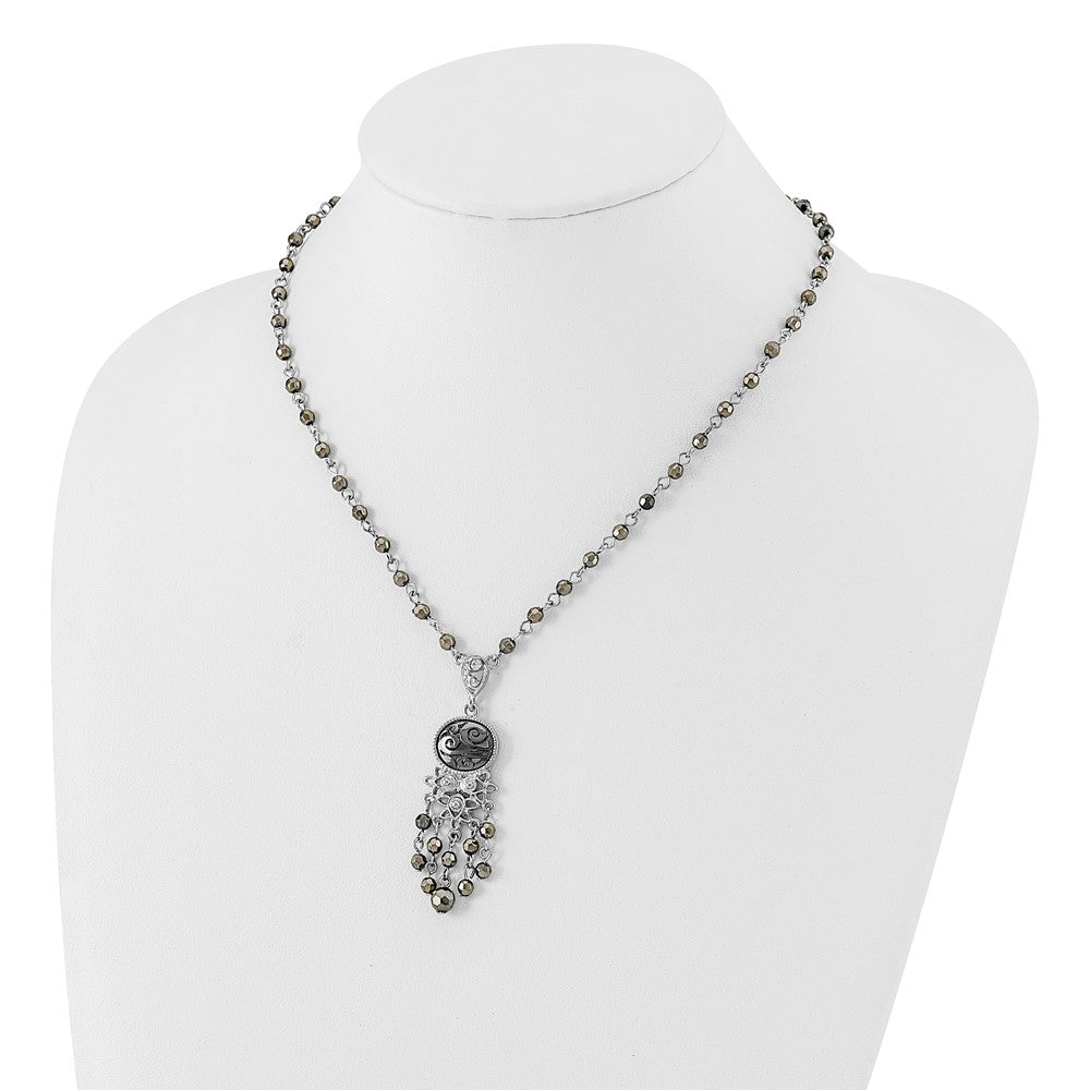 Fashion 1928 Jewelry Silver-Tone And Black-Plated Filigree Clear Hematite Faceted Acrylic Beads 16 Inch Necklace With 3 Extension