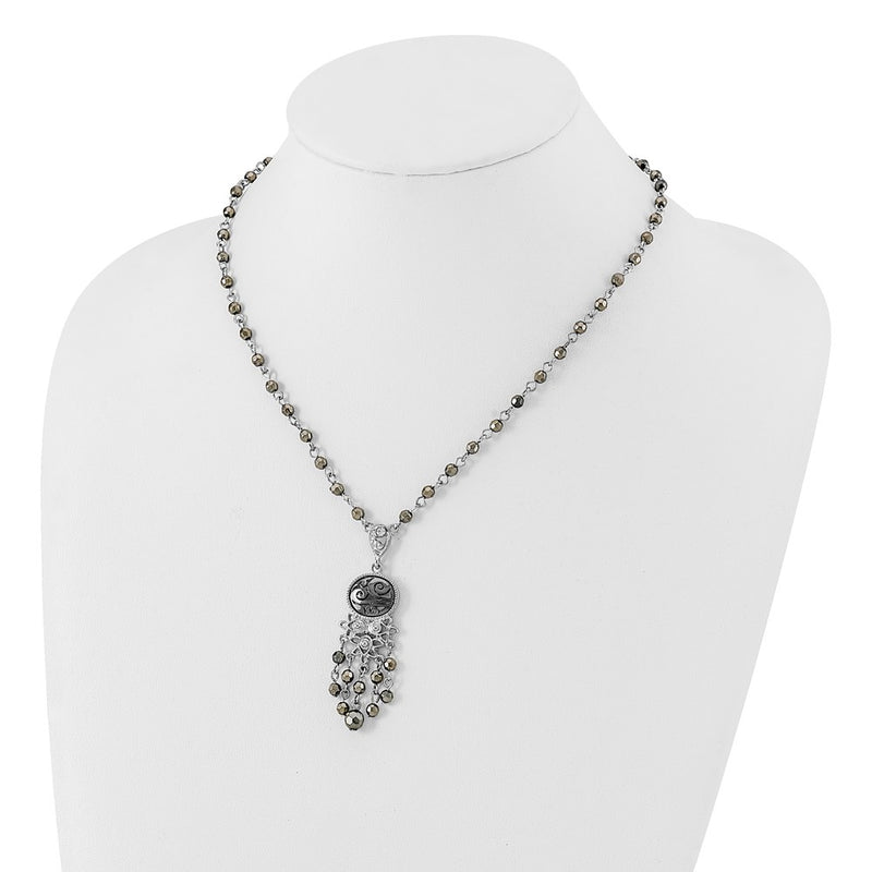 Fashion 1928 Jewelry Silver-Tone And Black-Plated Filigree Clear Hematite Faceted Acrylic Beads 16 Inch Necklace With 3 Extension