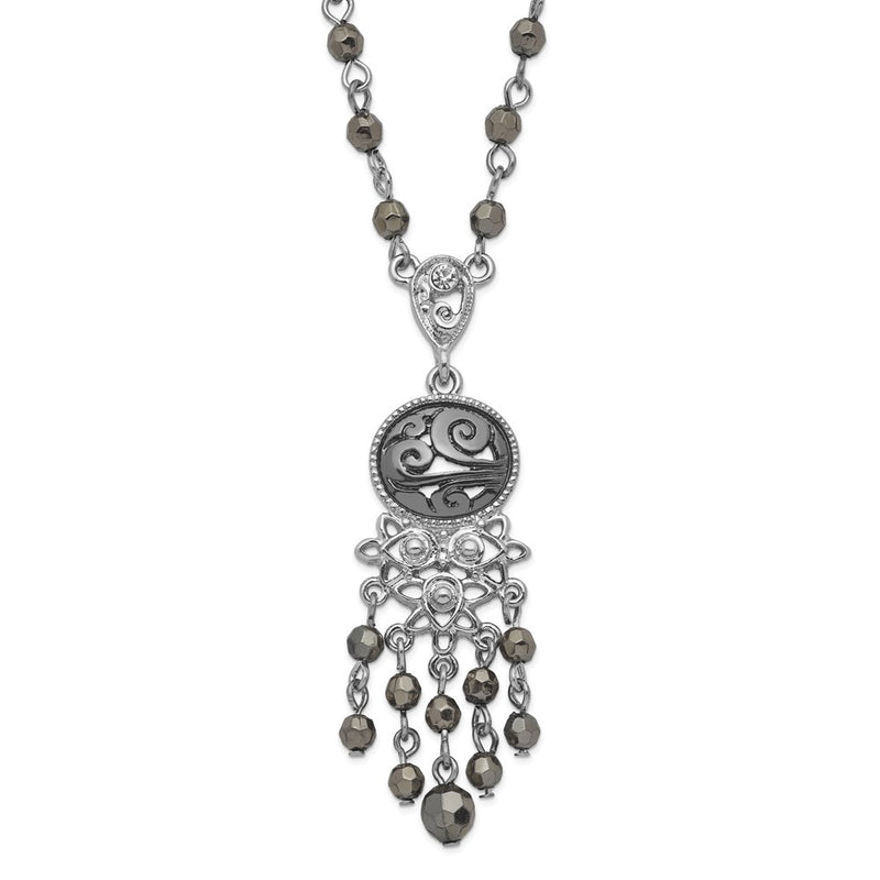 Fashion 1928 Jewelry Silver-Tone And Black-Plated Filigree Clear Hematite Faceted Acrylic Beads 16 Inch Necklace With 3 Extension