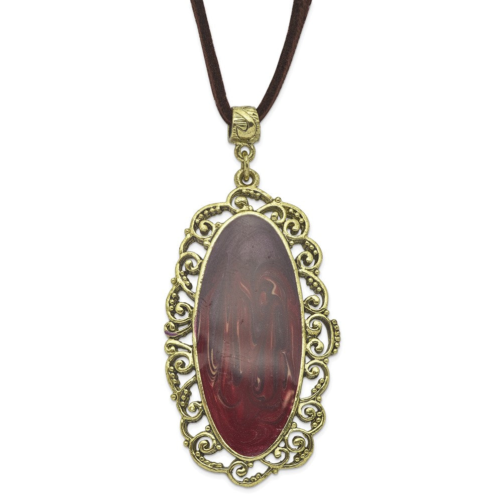 Fashion 1928 Jewelry Brass-Tone Ornate Frame Purple Enamel Oval 30 Inch Faux Suede Cord Necklace