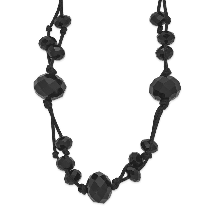 Fashion 1928 Jewelry Jet Black Faceted Acrylic Beads Adjustabel 16 Inch Knotted Satin Cord Necklace With 3 Extension