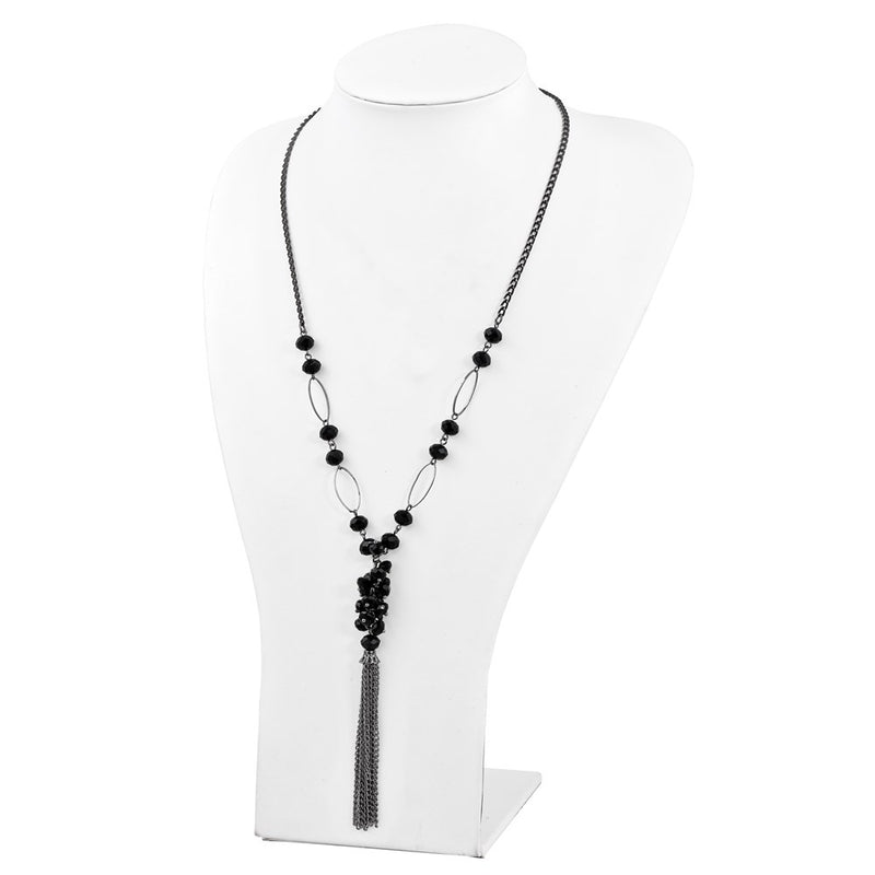 Fashion 1928 Jewelry Black-Plated Link Jet Black Faceted Acrylic Beaded Cluster 28 Inch Tassel Necklace