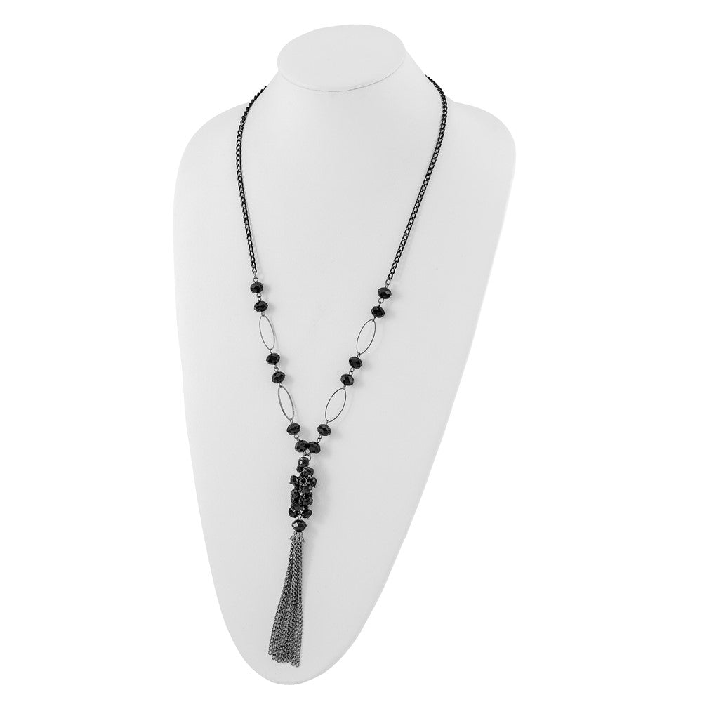 Fashion 1928 Jewelry Black-Plated Link Jet Black Faceted Acrylic Beaded Cluster 28 Inch Tassel Necklace