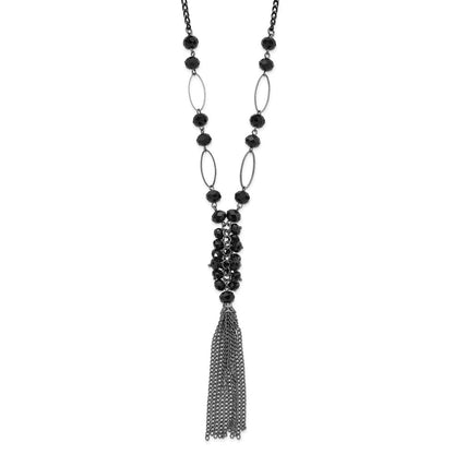Fashion 1928 Jewelry Black-Plated Link Jet Black Faceted Acrylic Beaded Cluster 28 Inch Tassel Necklace