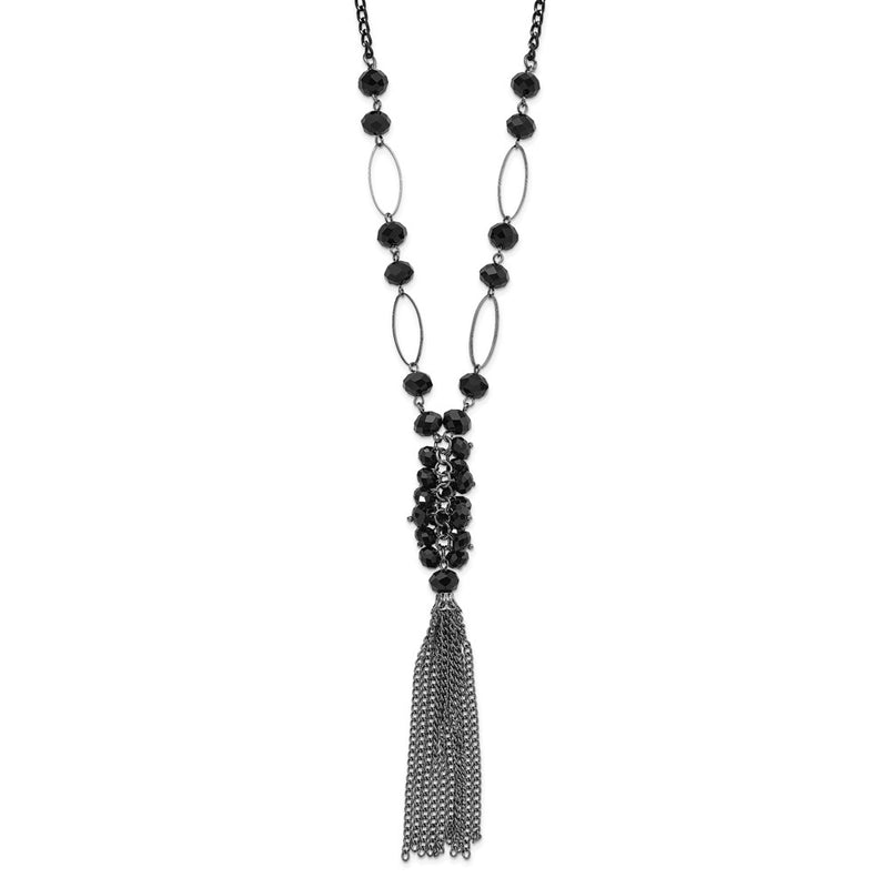 Fashion 1928 Jewelry Black-Plated Link Jet Black Faceted Acrylic Beaded Cluster 28 Inch Tassel Necklace