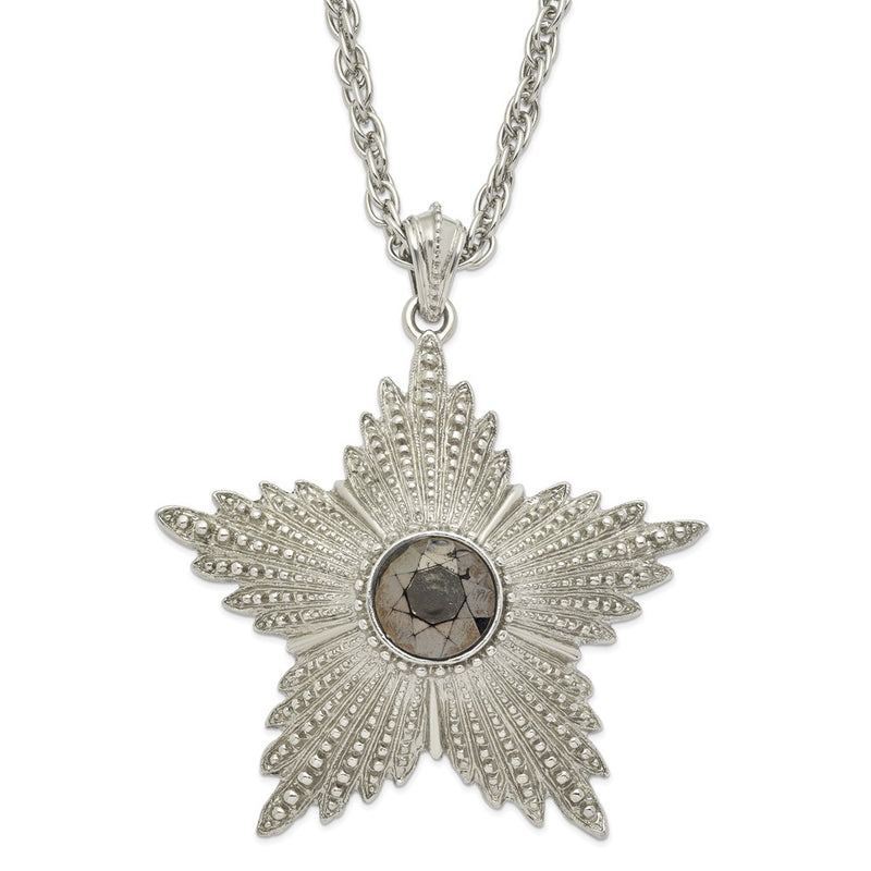 Fashion 1928 Jewelry Large Silver-Tone Textured Hematite Epoxy Faceted Stone Center Star 32 Inch Necklace