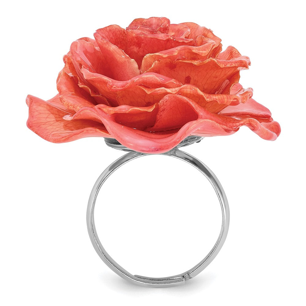 Fashion Lacquer Dipped Pink Real Rose Adjustable Silver-Tone Ring