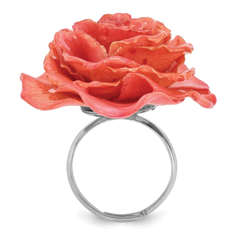 Fashion Lacquer Dipped Pink Real Rose Adjustable Silver-Tone Ring
