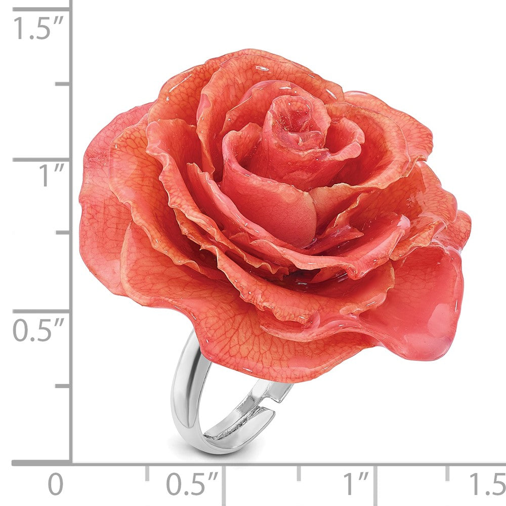Fashion Lacquer Dipped Pink Real Rose Adjustable Silver-Tone Ring