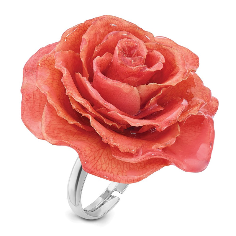Fashion Lacquer Dipped Pink Real Rose Adjustable Silver-Tone Ring