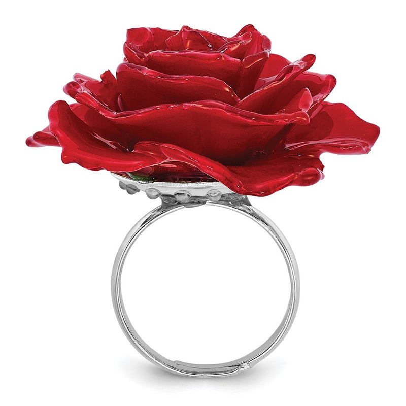 Fashion Lacquer Dipped Red Real Rose Adjustable Silver-Tone Ring