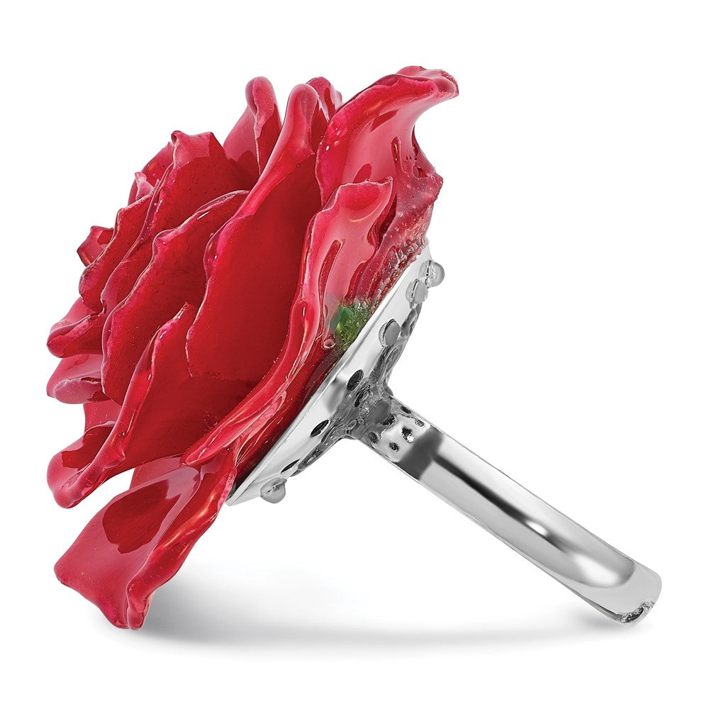 Fashion Lacquer Dipped Red Real Rose Adjustable Silver-Tone Ring