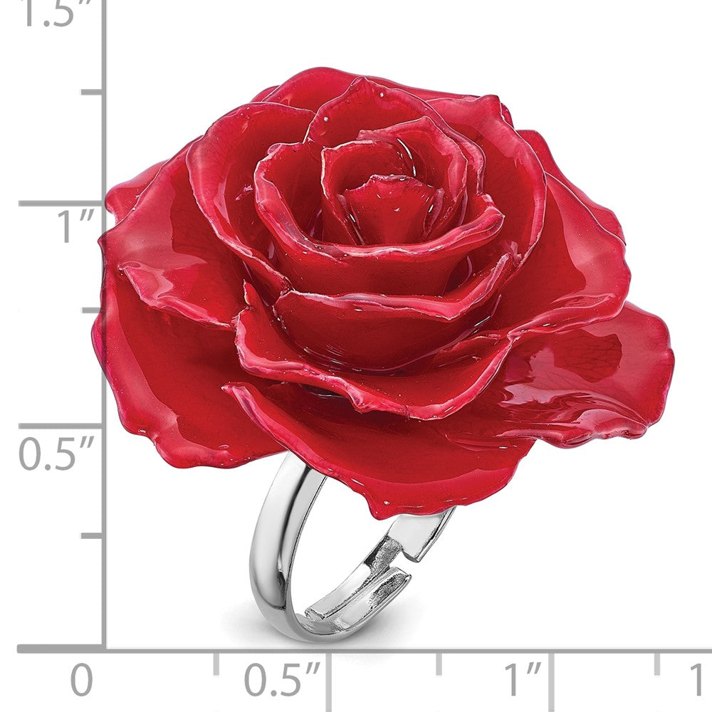 Fashion Lacquer Dipped Red Real Rose Adjustable Silver-Tone Ring