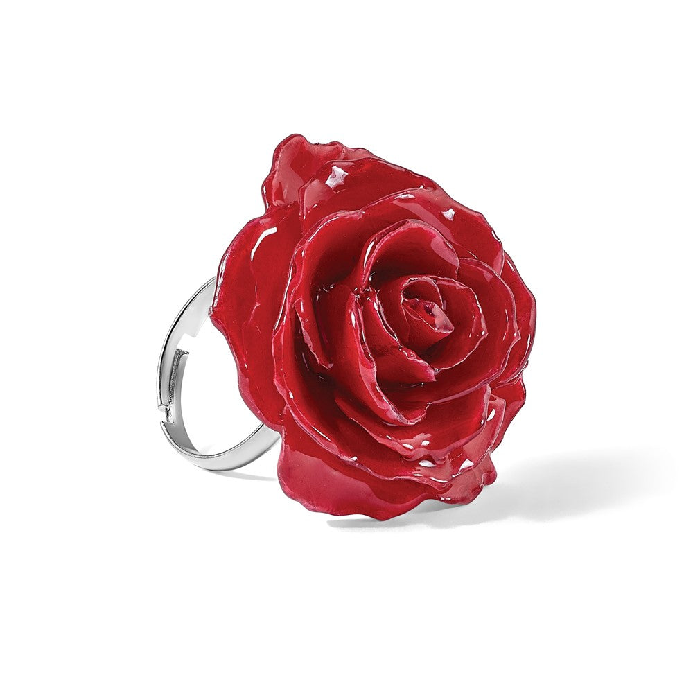 Fashion Lacquer Dipped Red Real Rose Adjustable Silver-Tone Ring