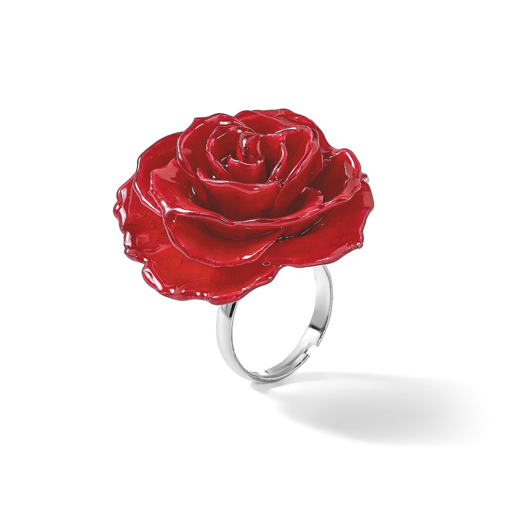 Fashion Lacquer Dipped Red Real Rose Adjustable Silver-Tone Ring
