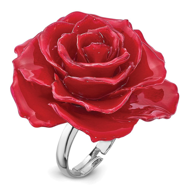 Fashion Lacquer Dipped Red Real Rose Adjustable Silver-Tone Ring