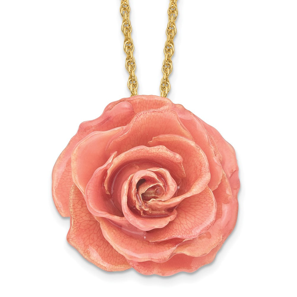 Fashion Lacquer Dipped Pink Real Rose With 20 Inch Gold-Tone Necklace
