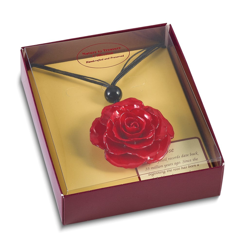 Fashion Lacquer Dipped Large Red Real Rose With Glass Bead On 18 Inch Black Cotton Cord Necklace