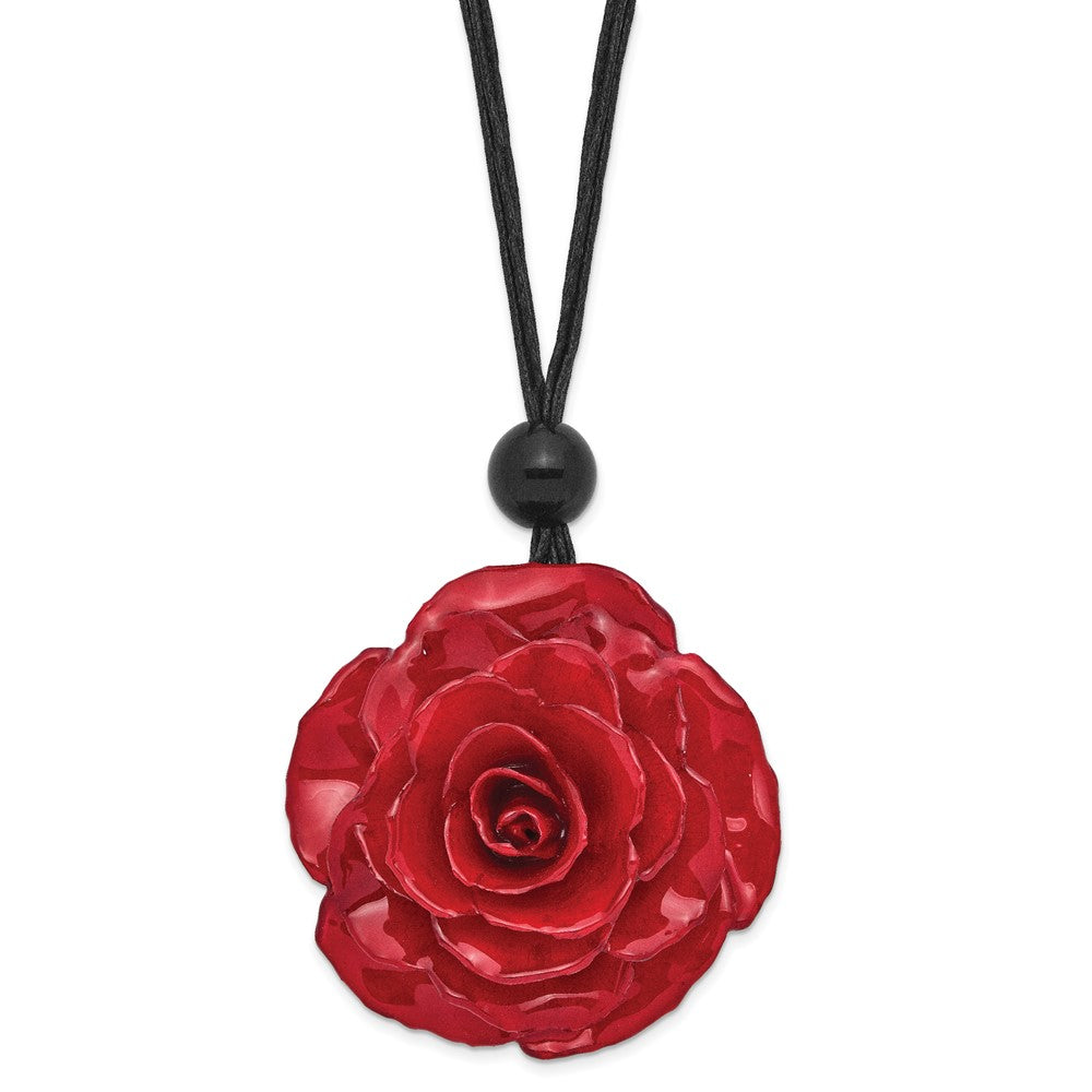 Fashion Lacquer Dipped Large Red Real Rose With Glass Bead On 18 Inch Black Cotton Cord Necklace