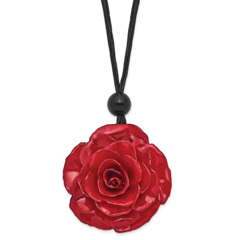 Fashion Lacquer Dipped Large Red Real Rose With Glass Bead On 18 Inch Black Cotton Cord Necklace