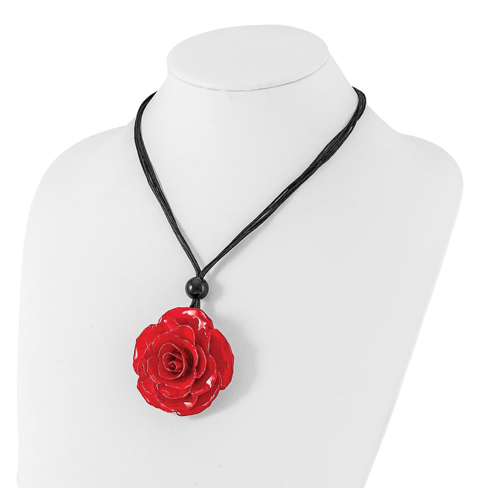 Fashion Lacquer Dipped Large Red Real Rose With Glass Bead On 18 Inch Black Cotton Cord Necklace