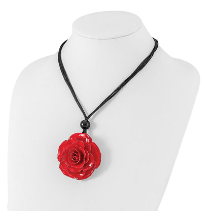 Fashion Lacquer Dipped Large Red Real Rose With Glass Bead On 18 Inch Black Cotton Cord Necklace