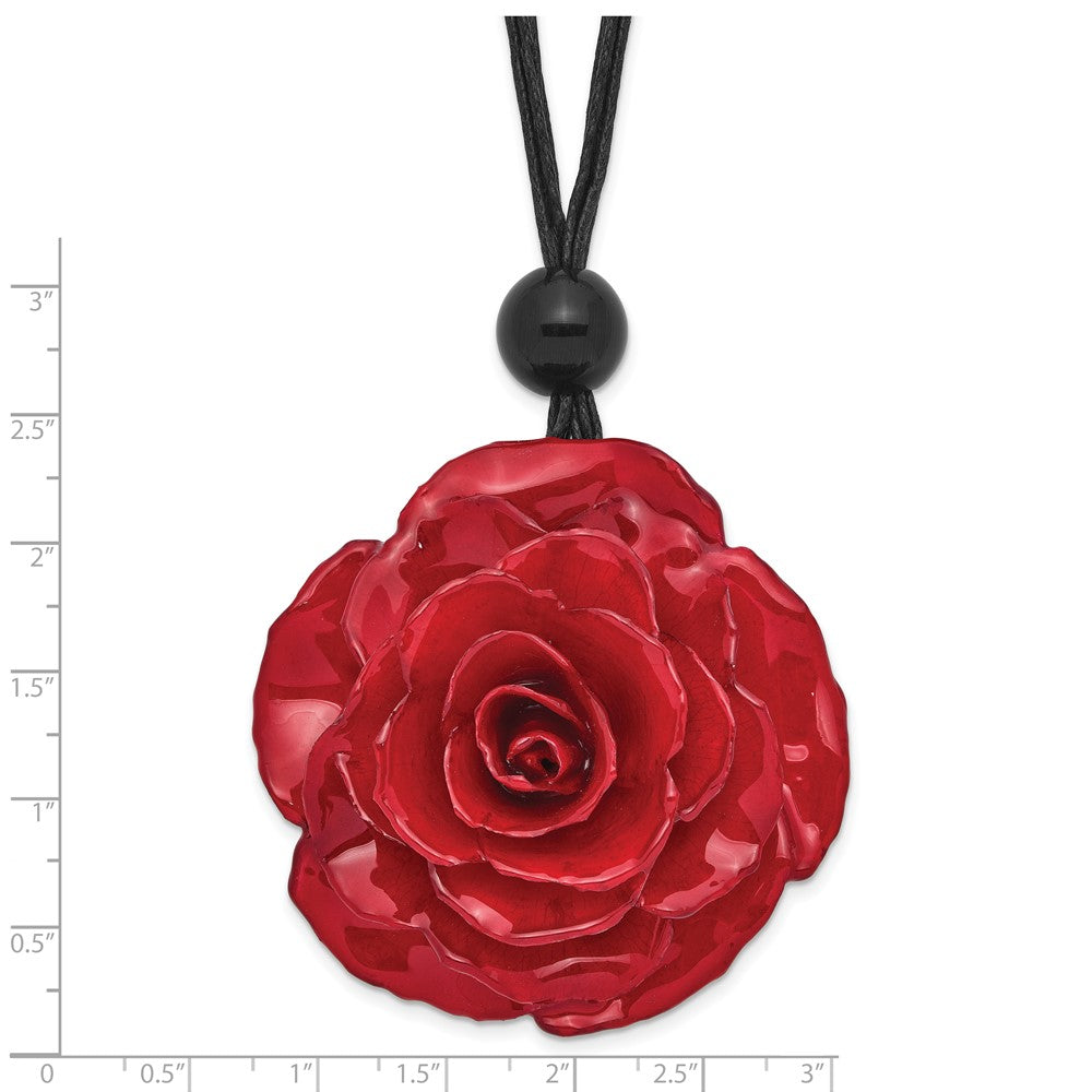 Fashion Lacquer Dipped Large Red Real Rose With Glass Bead On 18 Inch Black Cotton Cord Necklace