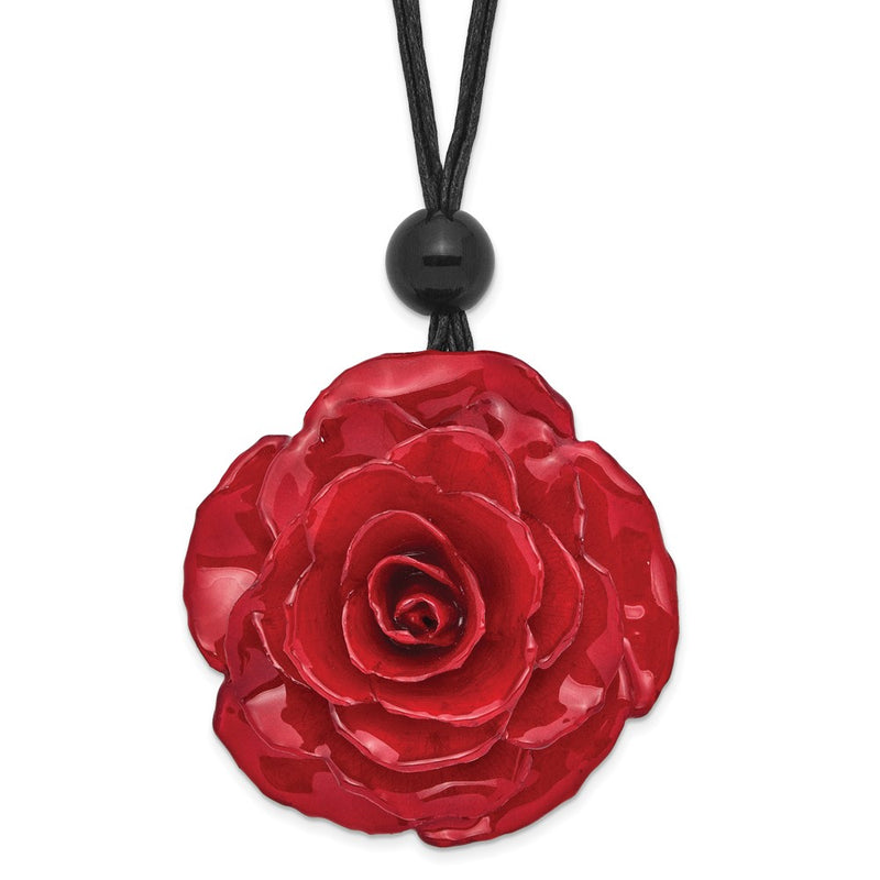 Fashion Lacquer Dipped Large Red Real Rose With Glass Bead On 18 Inch Black Cotton Cord Necklace