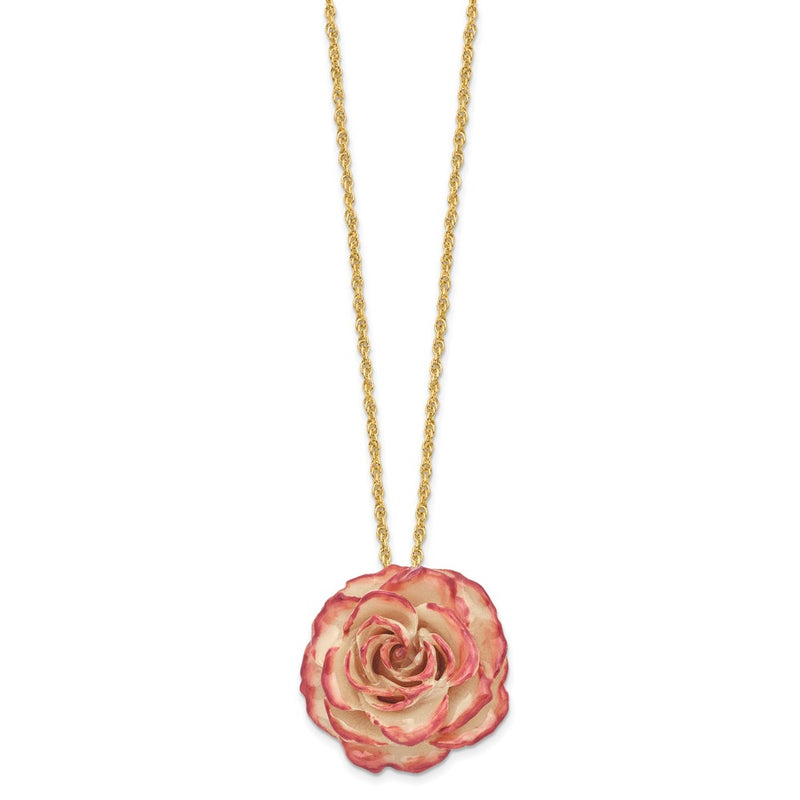 Fashion Lacquer Dipped Cream And Fuchsia Real Rose With 20 Inch Gold-Tone Necklace