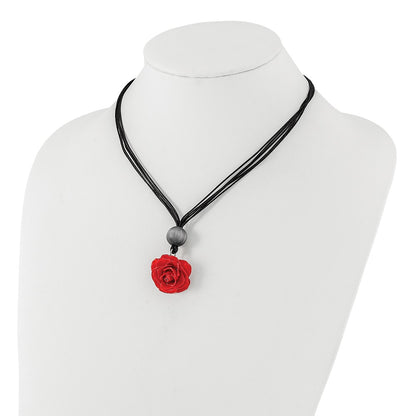 Fashion Lacquer Dipped Small Red Real Rose With Glass Bead On 18 Inch Black Cotton Cord Necklace