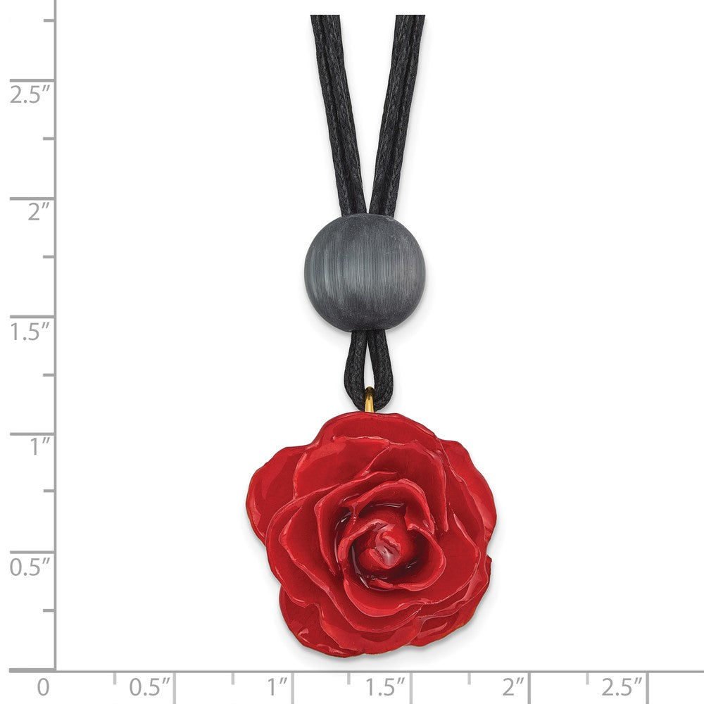 Fashion Lacquer Dipped Small Red Real Rose With Glass Bead On 18 Inch Black Cotton Cord Necklace