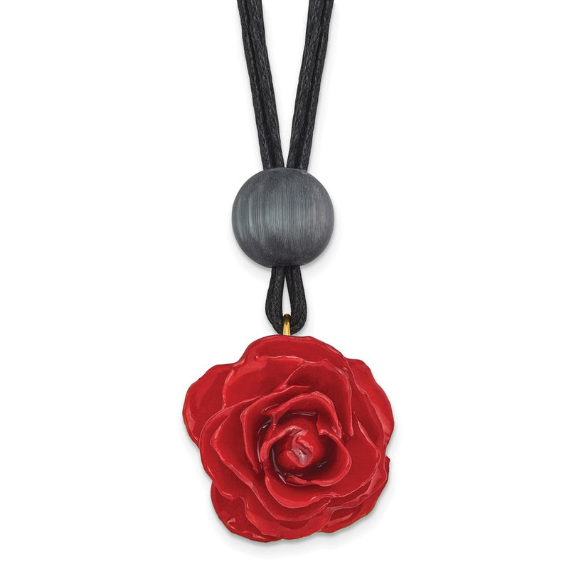 Fashion Lacquer Dipped Small Red Real Rose With Glass Bead On 18 Inch Black Cotton Cord Necklace